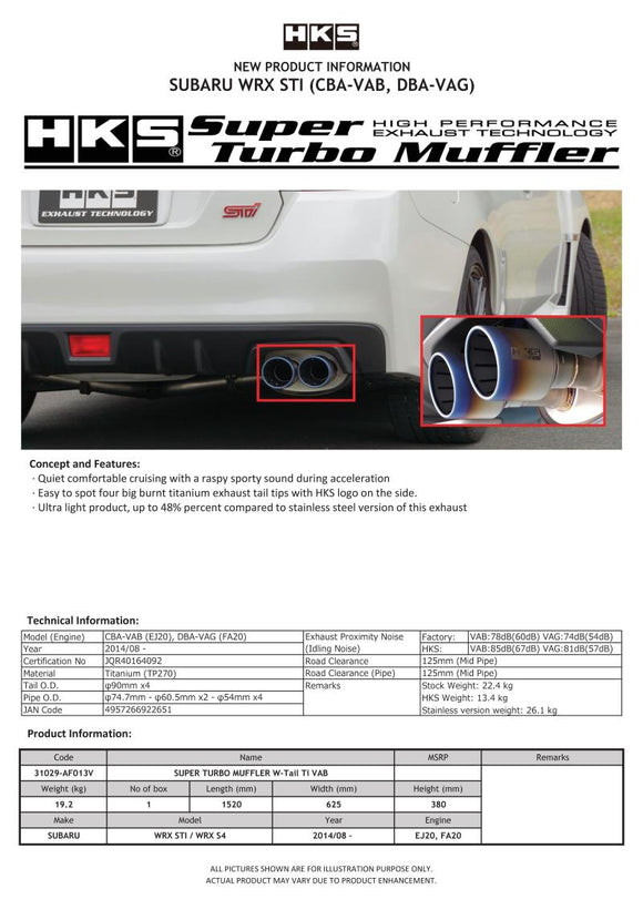 HKS SUPER TURBO MUFFLER  Ti Subaru VAB WRX STI/VAG WRX S4