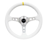 NRG Reinforced Steering Wheel (350mm / 3in. Deep) White Leather w/Silver Spoke & Single Yellow Mark
