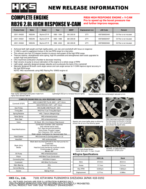 HKS COMPLETE ENGINE RB26 2.8L HR V-CAM - Nissan GTR R34