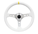 NRG Reinforced Steering Wheel (350mm / 3in. Deep) White Leather w/Silver Spoke & Single Yellow Mark