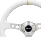 NRG Reinforced Steering Wheel (350mm / 3in. Deep) White Leather w/Silver Spoke & Single Yellow Mark