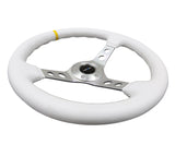 NRG Reinforced Steering Wheel (350mm / 3in. Deep) White Leather w/Silver Spoke & Single Yellow Mark