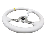 NRG Reinforced Steering Wheel (350mm / 3in. Deep) White Leather w/Silver Spoke & Single Yellow Mark